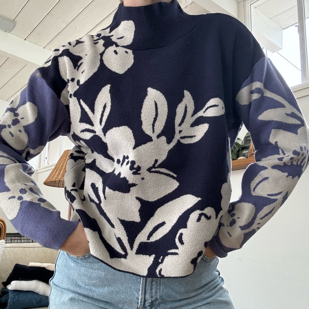 Maeve Blue and Cream Cowl Neck Sweater with Floral Design
